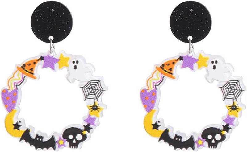 Colorful Halloween Resin Acrylic Dangle Earrings Cute Pumpkin Ghost Cat Bat Eye Spider Earrings for Women Girls Jewelry
